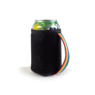 Black mesh can cooler with a colorful handle holding a can on a white background